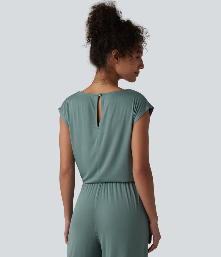 V-neck Sleeveless Drawstring Casual Jumpsuit with Pockets-Easy Peezy