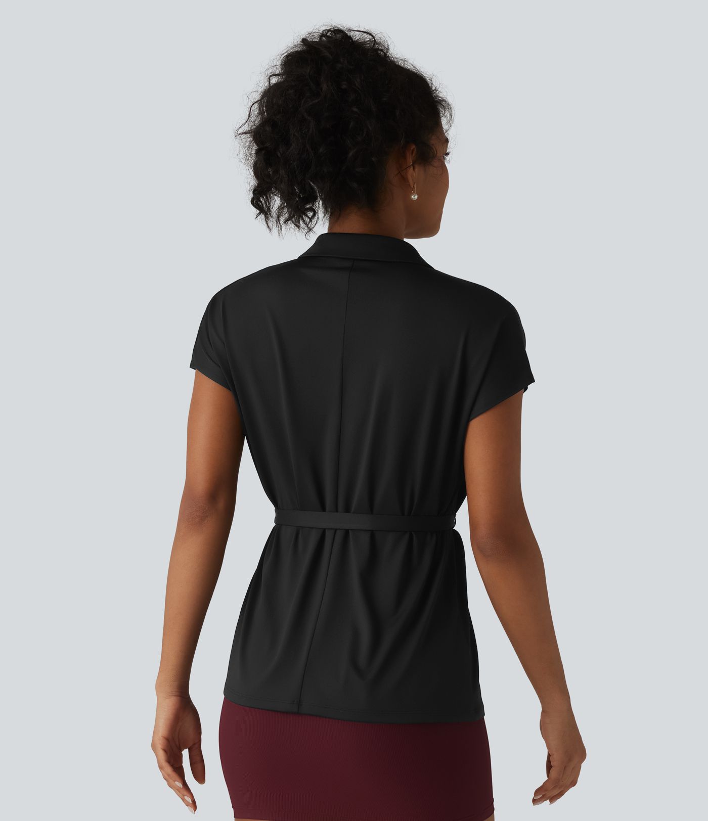Shawl Collar Short Sleeve Tie Front Work Top