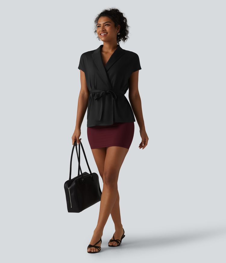 Shawl Collar Short Sleeve Tie Front Work Top
