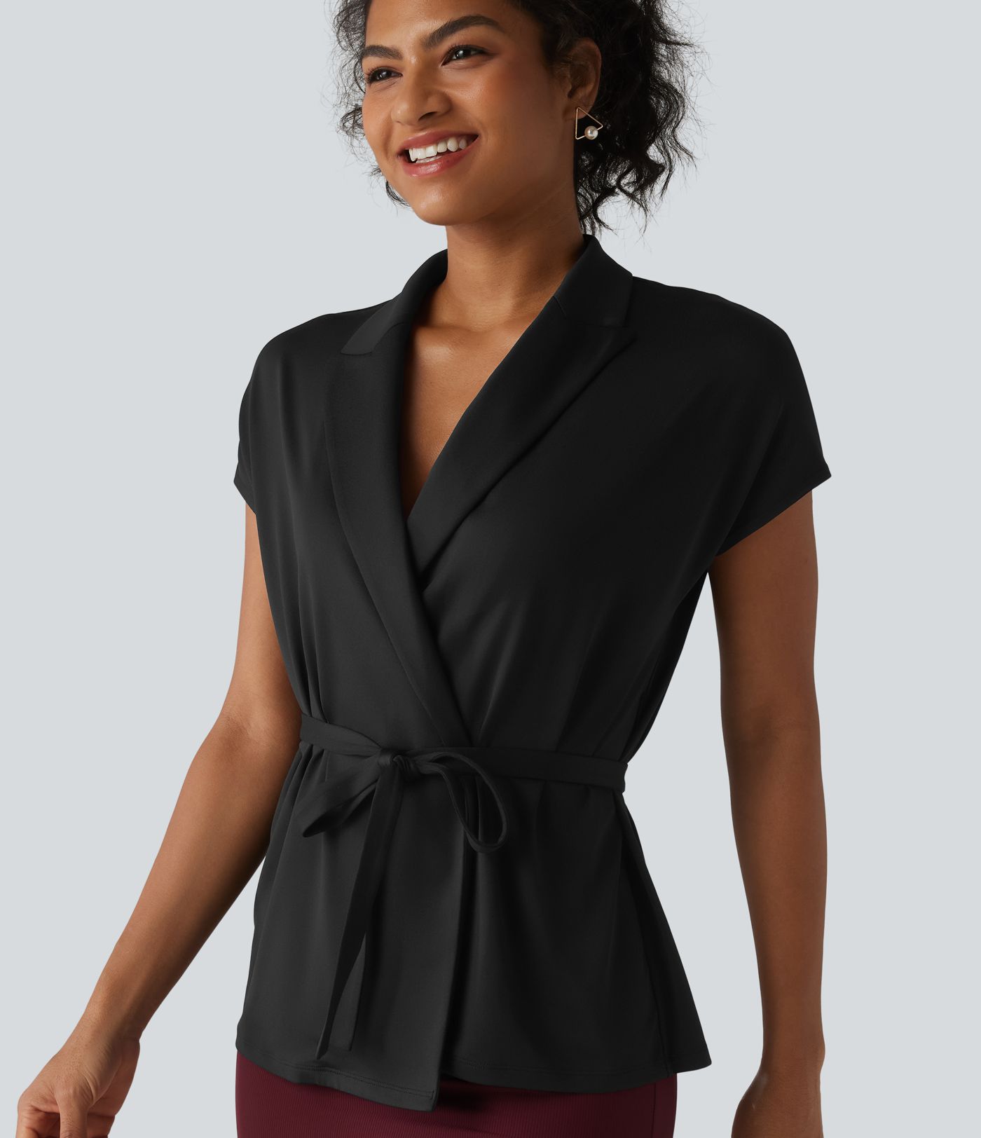 Shawl Collar Short Sleeve Tie Front Work Top