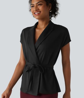 Shawl Collar Short Sleeve Tie Front Work Top