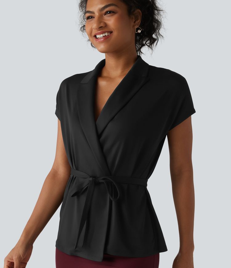 Shawl Collar Short Sleeve Tie Front Work Top