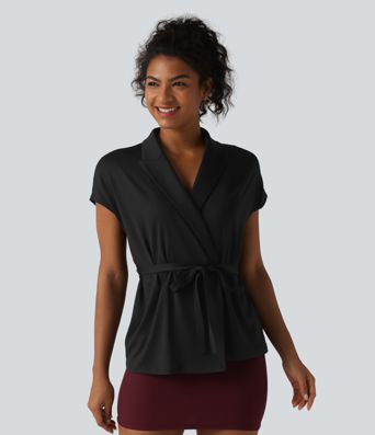 Shawl Collar Short Sleeve Tie Front Work Top