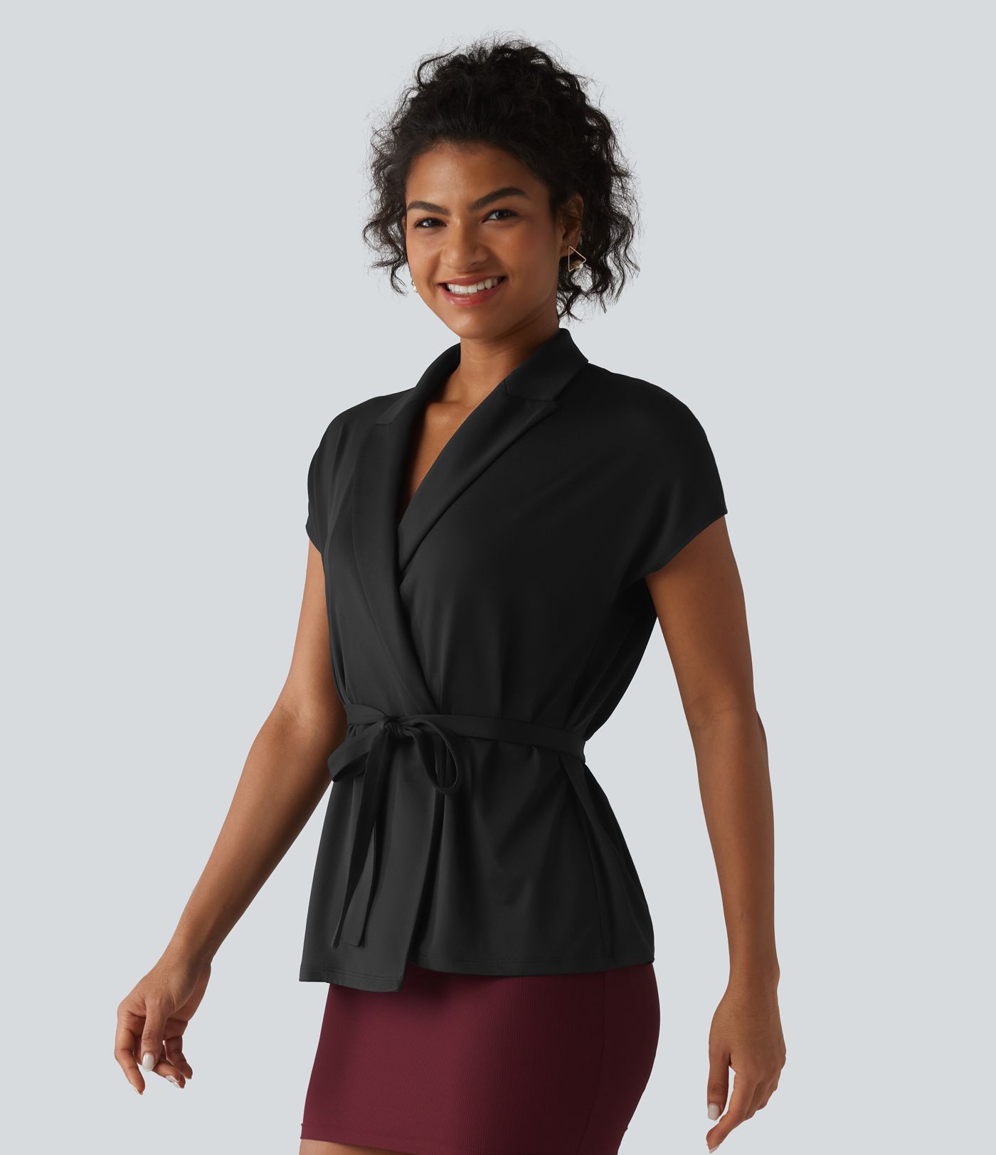 Shawl Collar Short Sleeve Tie Front Work Top