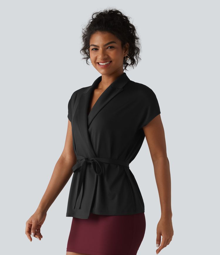 Shawl Collar Short Sleeve Tie Front Work Top