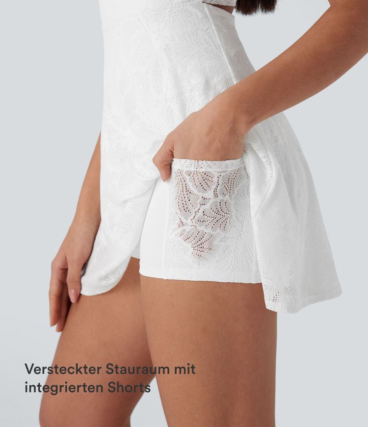 Gedrehtes, rückenfreies 2-in-1 Tanz-Minikleid aus Spitze mit Seitentaschen - Easy Peezy
