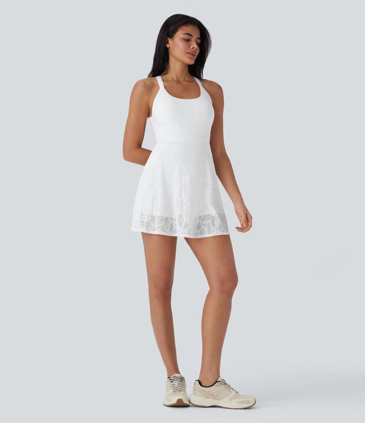 Gedrehtes, rückenfreies 2-in-1 Tanz-Minikleid aus Spitze mit Seitentaschen - Easy Peezy