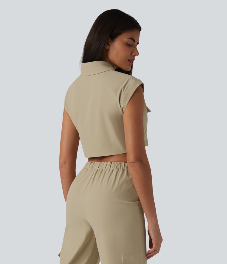 Lässiges, verkürztes Cargo-Hemd aus elastischem Popeline mit kurzen Flügelärmeln