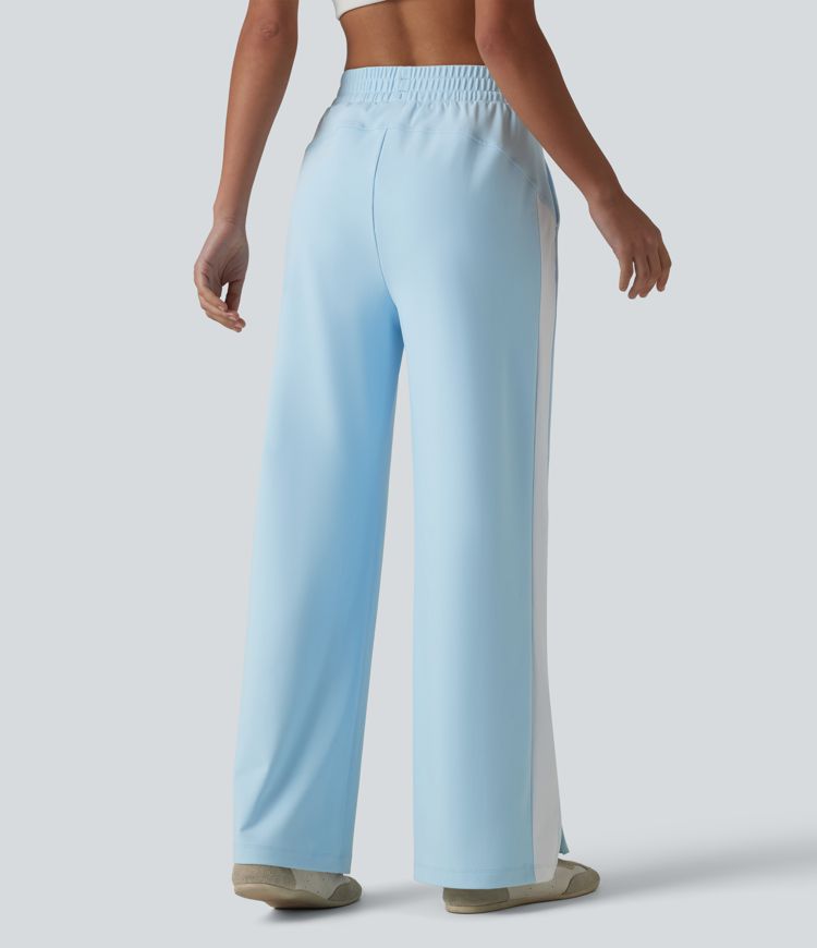 DayStretch High Waisted Drawstring Color Block Stripe Split Straight Leg Yoga Pants with Pockets