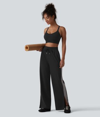 DayStretch High Waisted Drawstring Color Block Stripe Split Straight Leg Yoga Pants with Pockets DayStretch High Waisted Drawstring Color Block Stripe Split Straight Leg Yoga Pants with Pockets