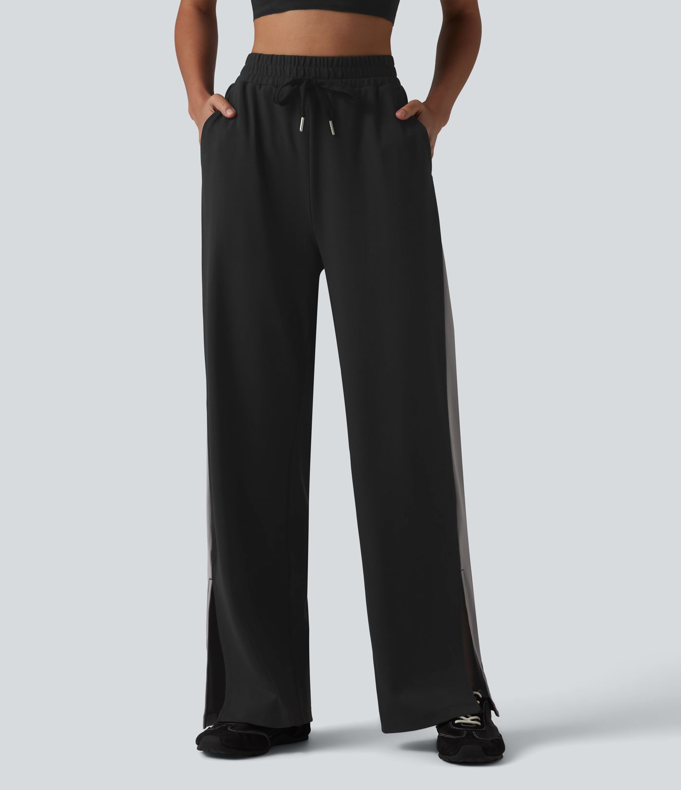 DayStretch High Waisted Drawstring Color Block Stripe Split Straight Leg Yoga Pants with Pockets DayStretch High Waisted Drawstring Color Block Stripe Split Straight Leg Yoga Pants with Pockets