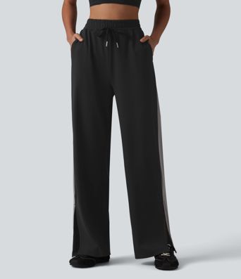 DayStretch High Waisted Drawstring Color Block Stripe Split Straight Leg Yoga Pants with Pockets DayStretch High Waisted Drawstring Color Block Stripe Split Straight Leg Yoga Pants with Pockets