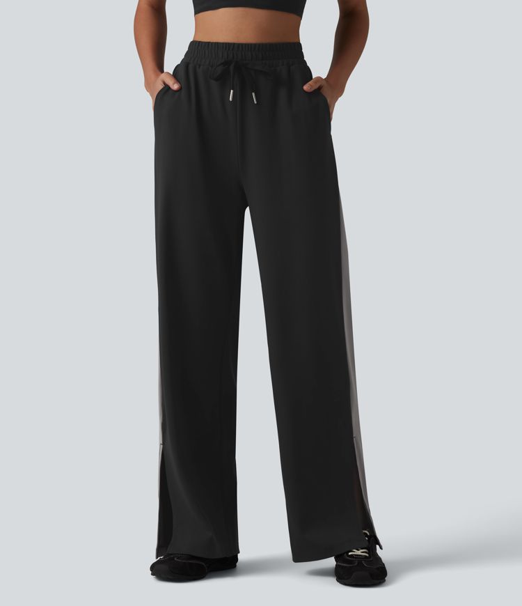 DayStretch High Waisted Drawstring Color Block Stripe Split Straight Leg Yoga Pants with Pockets DayStretch High Waisted Drawstring Color Block Stripe Split Straight Leg Yoga Pants with Pockets