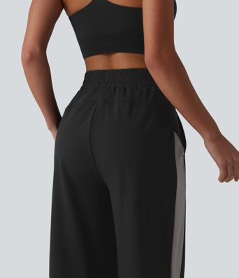 DayStretch High Waisted Drawstring Color Block Stripe Split Straight Leg Yoga Pants with Pockets DayStretch High Waisted Drawstring Color Block Stripe Split Straight Leg Yoga Pants with Pockets
