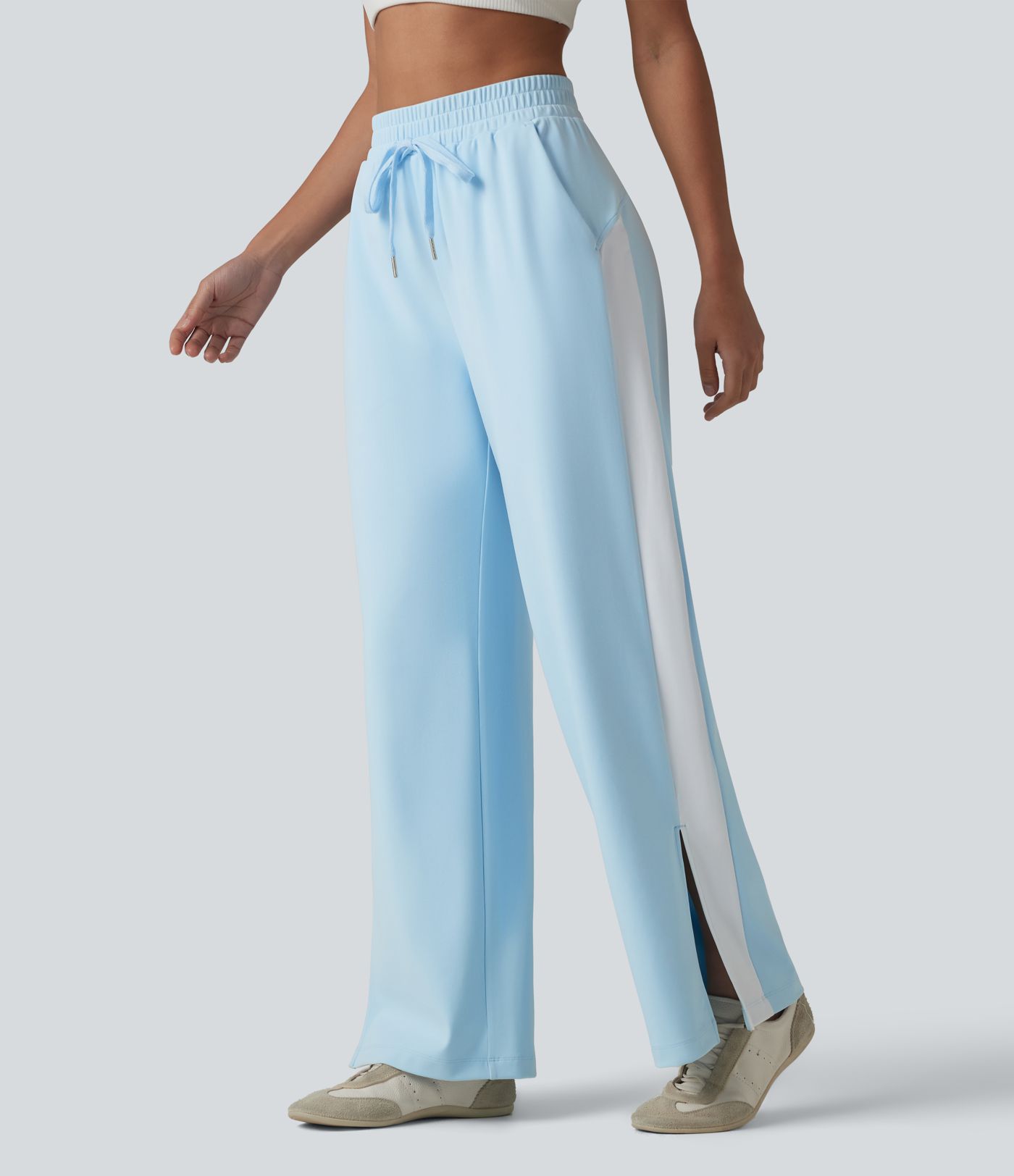 DayStretch High Waisted Drawstring Color Block Stripe Split Straight Leg Yoga Pants with Pockets