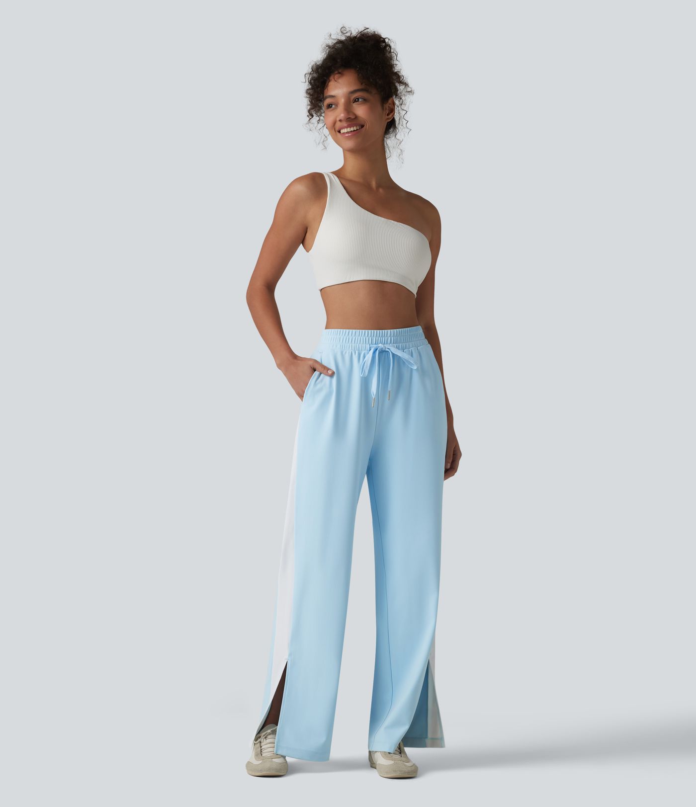 DayStretch High Waisted Drawstring Color Block Stripe Split Straight Leg Yoga Pants with Pockets