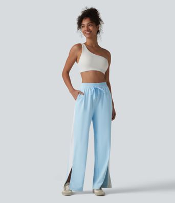 DayStretch High Waisted Drawstring Color Block Stripe Split Straight Leg Yoga Pants with Pockets