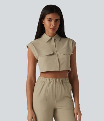 Lässiges, verkürztes Cargo-Hemd aus elastischem Popeline mit kurzen Flügelärmeln