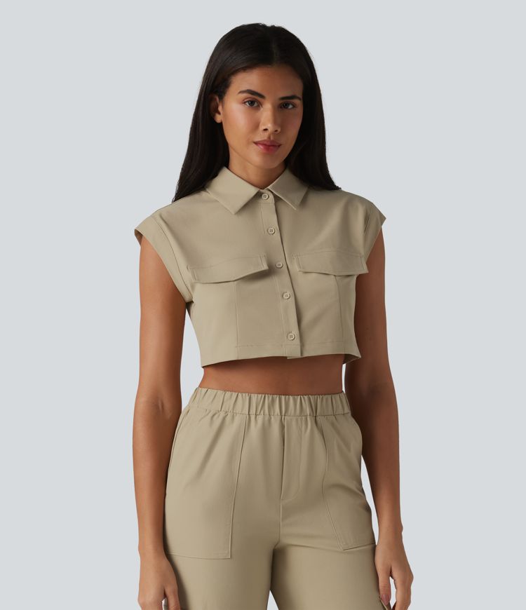 Lässiges, verkürztes Cargo-Hemd aus elastischem Popeline mit kurzen Flügelärmeln