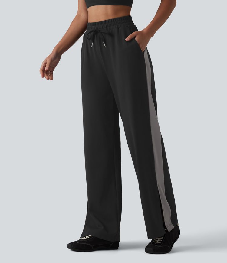DayStretch High Waisted Drawstring Color Block Stripe Split Straight Leg Yoga Pants with Pockets DayStretch High Waisted Drawstring Color Block Stripe Split Straight Leg Yoga Pants with Pockets