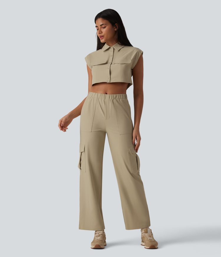 Lässiges, verkürztes Cargo-Hemd aus elastischem Popeline mit kurzen Flügelärmeln