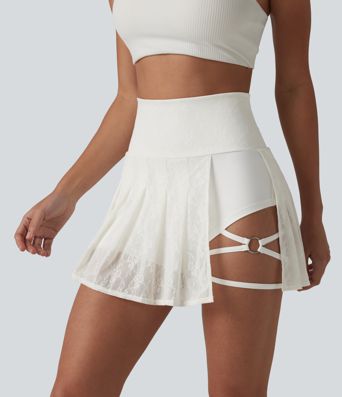 High Waisted Contrast Lace Pleated 2-in-1 Asymmetric Hem Mini Dance Skirt with Pockets
