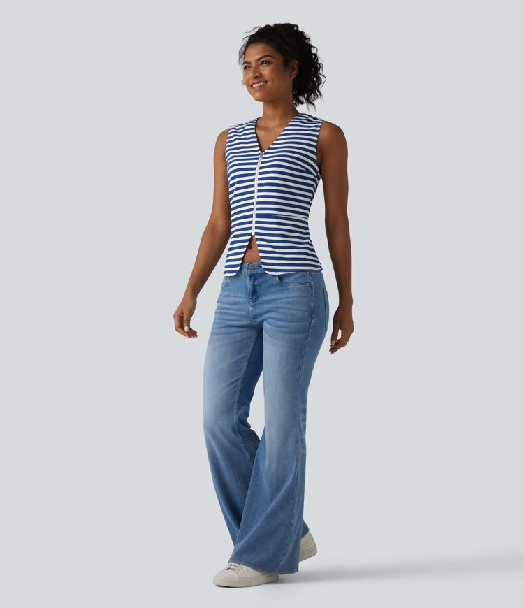 Lässige Weste mit V-Ausschnitt, Streifen und Waffelstoff