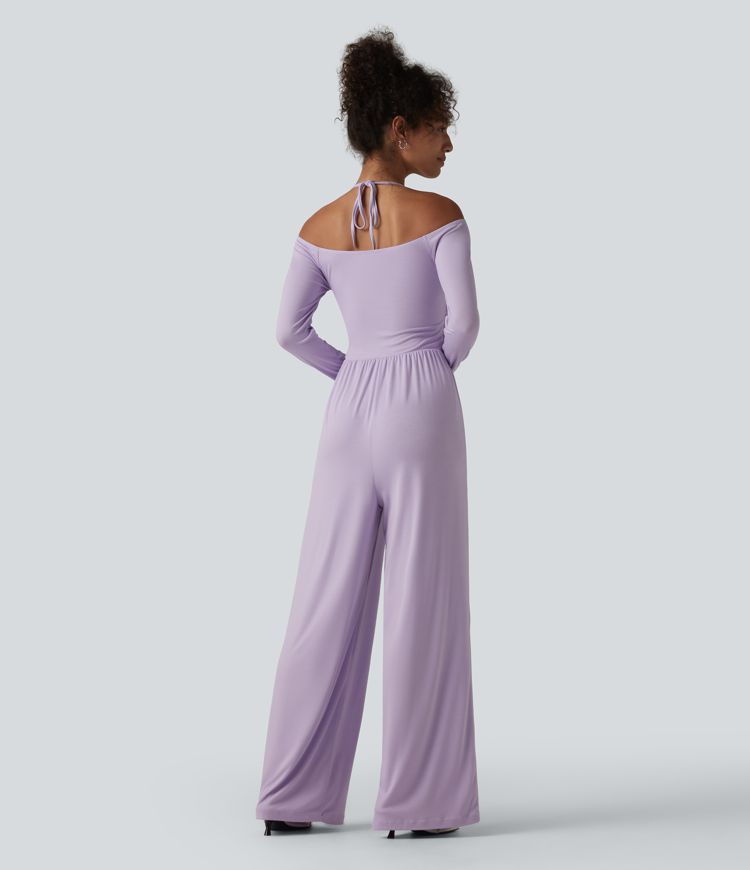 Ribbed Halter Tie Back Off Shoulder Built-in Bra Long Sleeve Casual Jumpsuit with Pockets