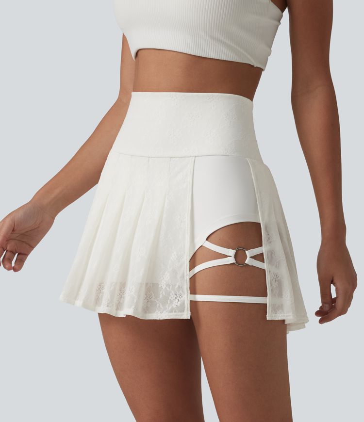High Waisted Contrast Lace Pleated 2-in-1 Asymmetric Hem Mini Dance Skirt with Pockets