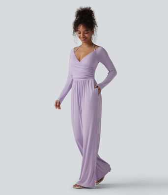 Ribbed Halter Tie Back Off Shoulder Built-in Bra Long Sleeve Casual Jumpsuit with Pockets