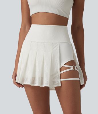 High Waisted Contrast Lace Pleated 2-in-1 Asymmetric Hem Mini Dance Skirt with Pockets