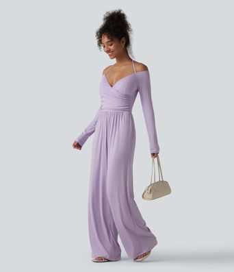 Ribbed Halter Tie Back Off Shoulder Built-in Bra Long Sleeve Casual Jumpsuit with Pockets