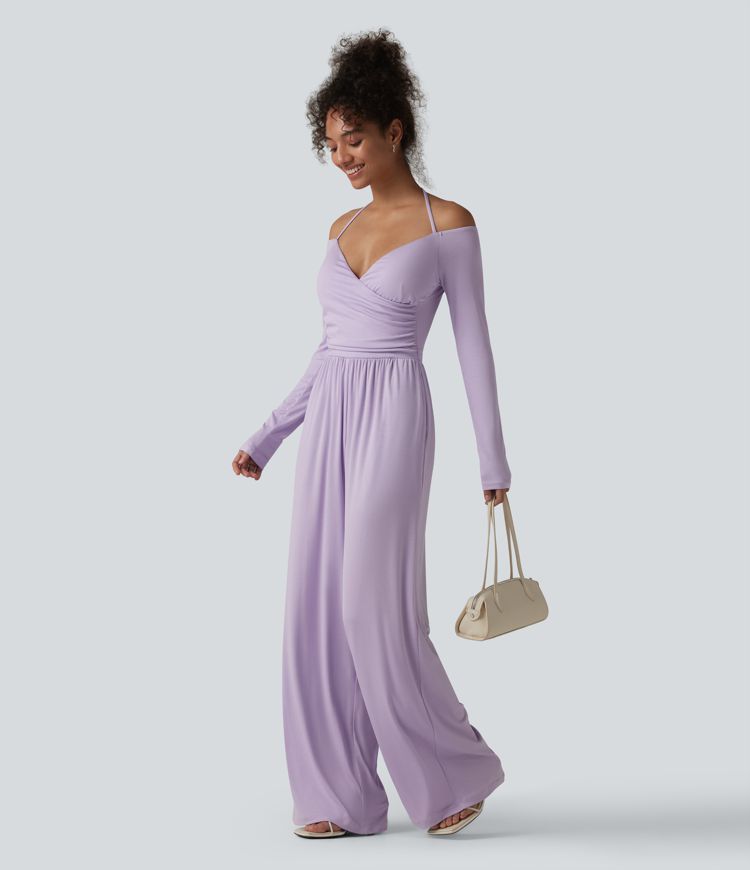 Ribbed Halter Tie Back Off Shoulder Built-in Bra Long Sleeve Casual Jumpsuit with Pockets