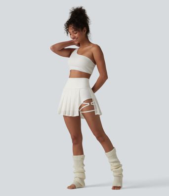 High Waisted Contrast Lace Pleated 2-in-1 Asymmetric Hem Mini Dance Skirt with Pockets