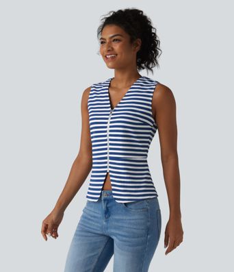 Lässige Weste mit V-Ausschnitt, Streifen und Waffelstoff