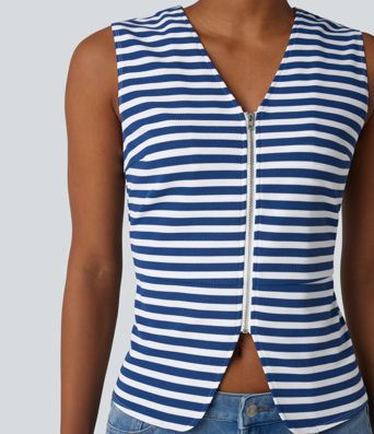 Lässige Weste mit V-Ausschnitt, Streifen und Waffelstoff