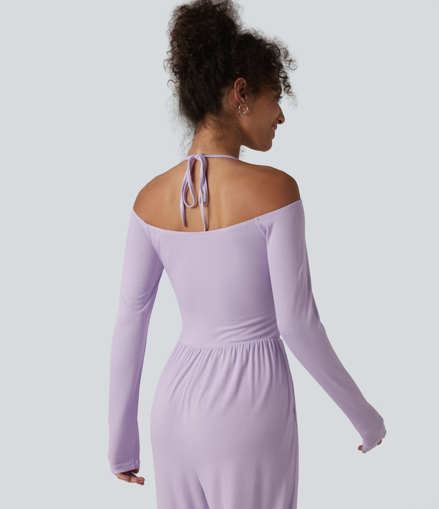 Ribbed Halter Tie Back Off Shoulder Built-in Bra Long Sleeve Casual Jumpsuit with Pockets