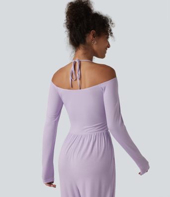 Ribbed Halter Tie Back Off Shoulder Built-in Bra Long Sleeve Casual Jumpsuit with Pockets