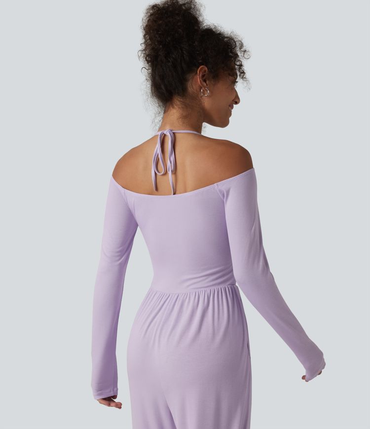 Ribbed Halter Tie Back Off Shoulder Built-in Bra Long Sleeve Casual Jumpsuit with Pockets