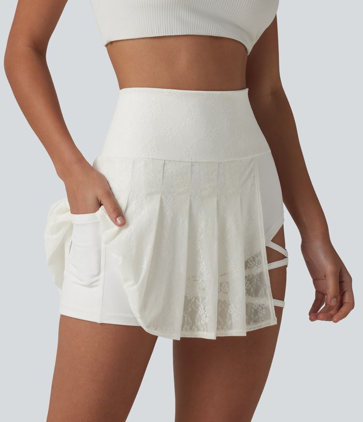 Mini-jupe de danse taille haute 2-en-1 plissée, avec dentelle contrastée, ourlet asymétrique et poches