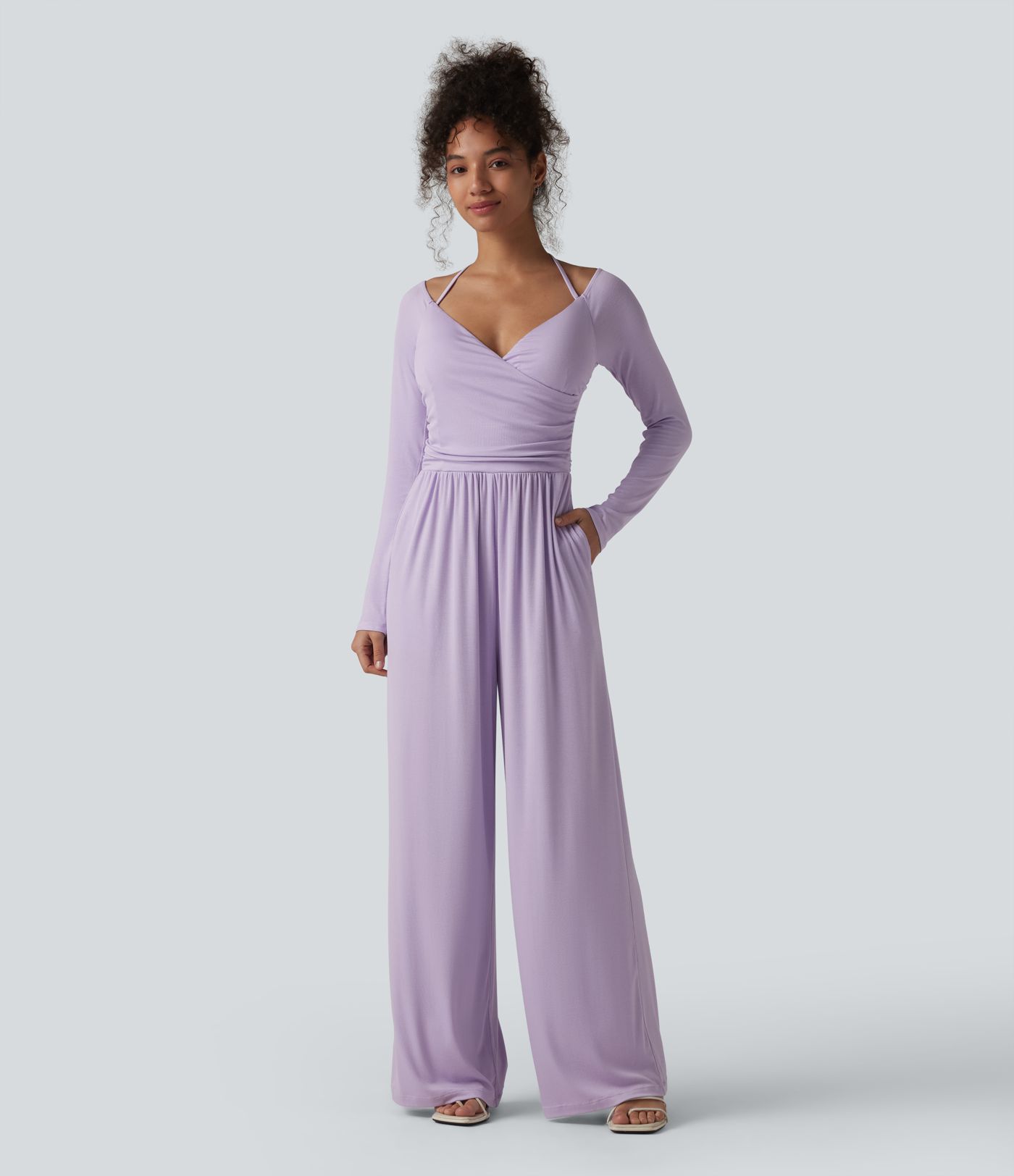 Ribbed Halter Tie Back Off Shoulder Built-in Bra Long Sleeve Casual Jumpsuit with Pockets Ribbed Halter Tie Back Off Shoulder Built-in Bra Long Sleeve Casual Jumpsuit with Pockets