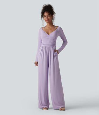 Ribbed Halter Tie Back Off Shoulder Built-in Bra Long Sleeve Casual Jumpsuit with Pockets Ribbed Halter Tie Back Off Shoulder Built-in Bra Long Sleeve Casual Jumpsuit with Pockets