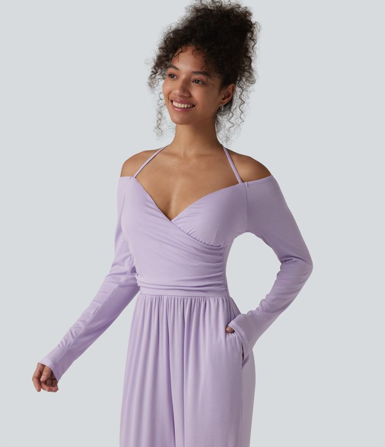 Ribbed Halter Tie Back Off Shoulder Built-in Bra Long Sleeve Casual Jumpsuit with Pockets