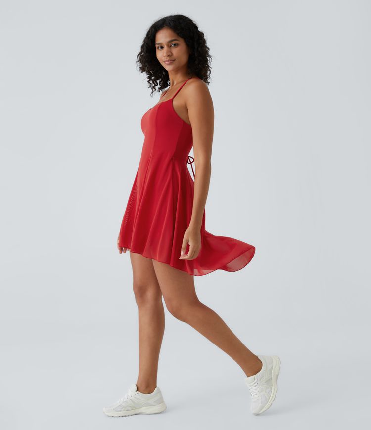 Fließendes 2-in-1 Mini-Tanzkleid mit Seitentaschen, High-Low-Design, kontrastierendem Mesh und Schnürung - A-C-Cups