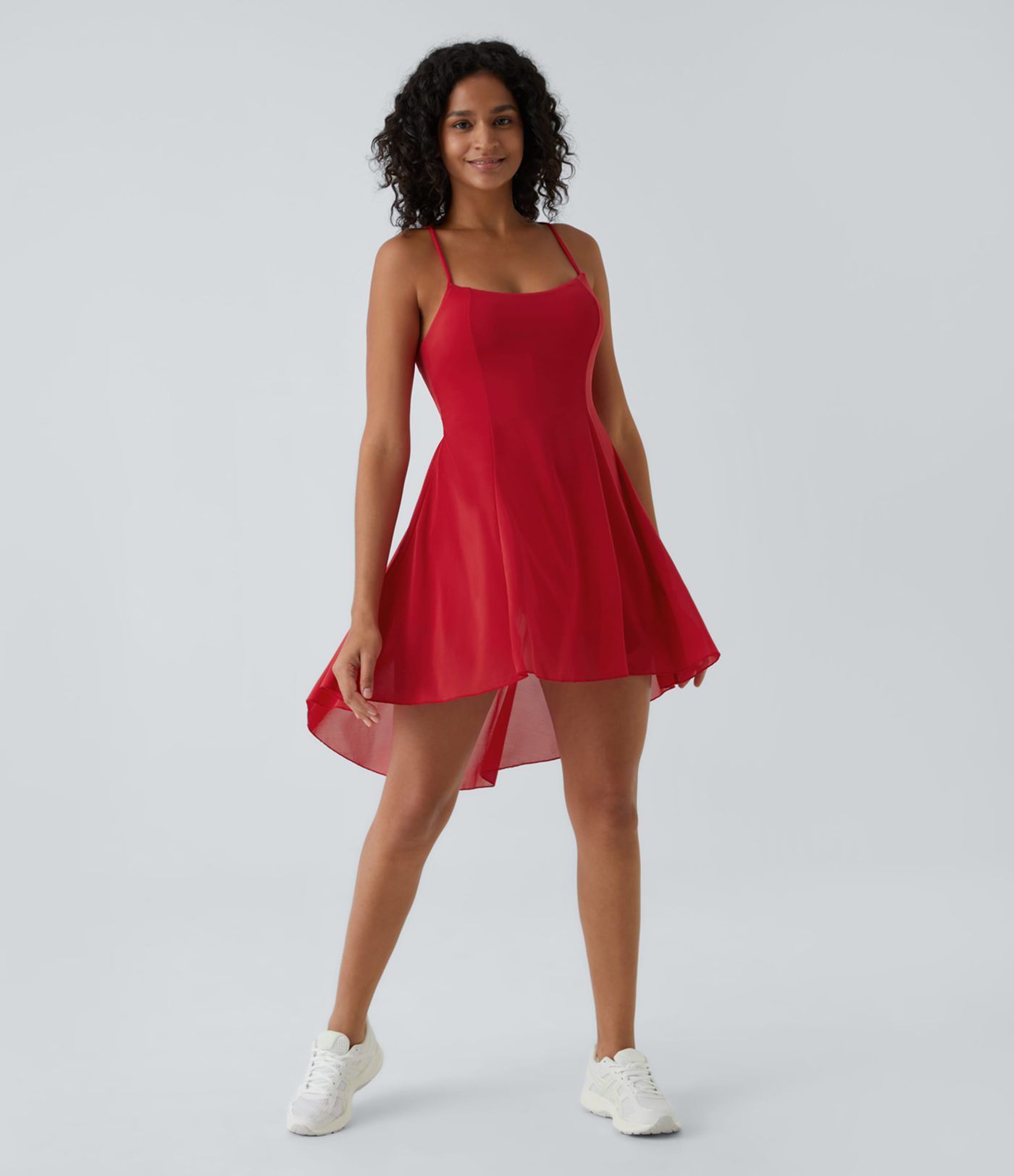 Fließendes 2-in-1 Mini-Tanzkleid mit Seitentaschen, High-Low-Design, kontrastierendem Mesh und Schnürung - A-C-Cups