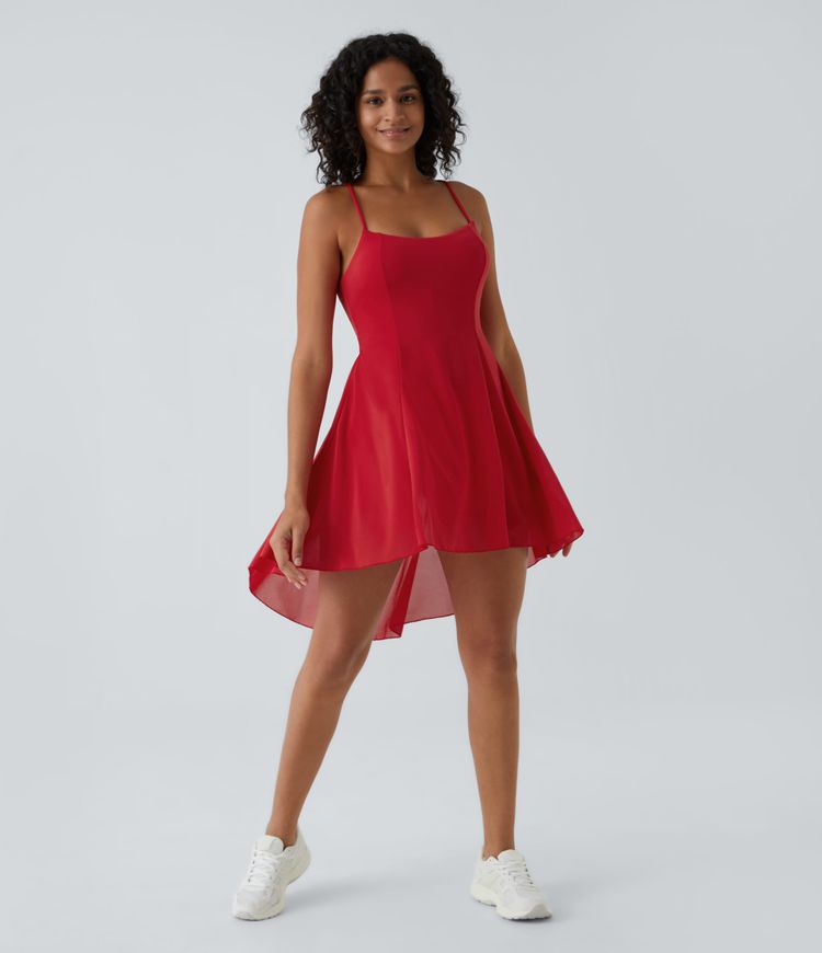 Fließendes 2-in-1 Mini-Tanzkleid mit Seitentaschen, High-Low-Design, kontrastierendem Mesh und Schnürung - A-C-Cups