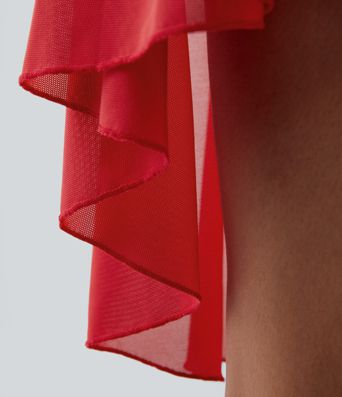 Fließendes 2-in-1 Mini-Tanzkleid mit Seitentaschen, High-Low-Design, kontrastierendem Mesh und Schnürung - A-C-Cups