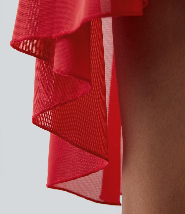 Fließendes 2-in-1 Mini-Tanzkleid mit Seitentaschen, High-Low-Design, kontrastierendem Mesh und Schnürung - A-C-Cups