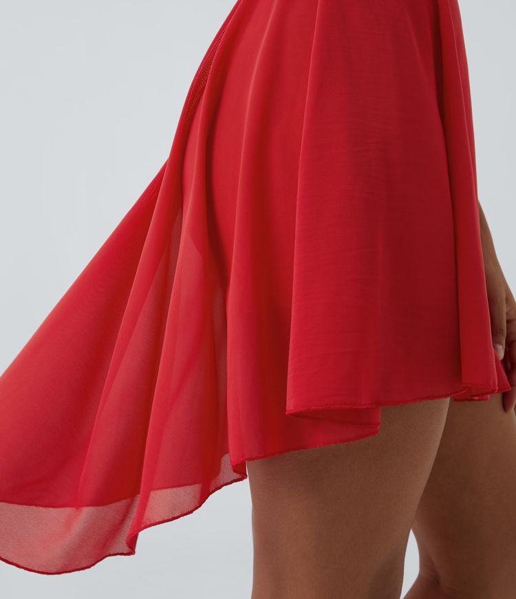 Fließendes 2-in-1 Mini-Tanzkleid mit Seitentaschen, High-Low-Design, kontrastierendem Mesh und Schnürung - A-C-Cups