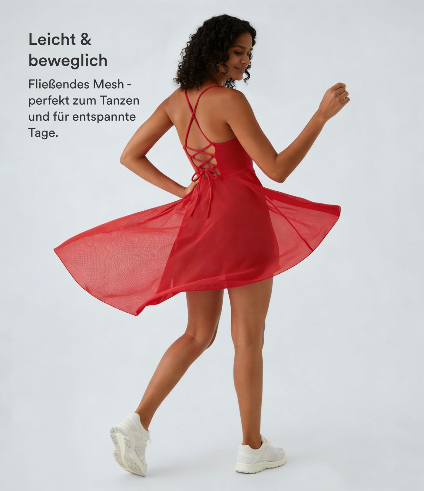 Fließendes 2-in-1 Mini-Tanzkleid mit Seitentaschen, High-Low-Design, kontrastierendem Mesh und Schnürung - A-C-Cups